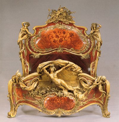 Gran lit de reposes estilo Luis XV con montura de ormolu, madera de tulipán, palo de rosa y marquetería de Joseph Emmanuel Zwiener