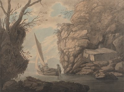 Un velero con tres hombres saliendo de una ensenada rocosa de Joseph Farington