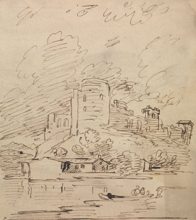 Castillo con torre redonda sobre un río de Joseph Farington
