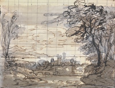 Río con castillo y puente de Joseph Farington
