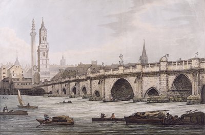 Vista del Puente de Londres, incluyendo la Iglesia de St. Magus y El Monumento, grabado por J.C. Stadler de Joseph Farington