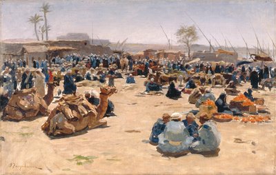 Mercado en el Nilo, c.1893 (óleo sobre lienzo) de Joseph Farquharson