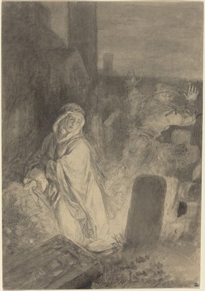 Un hombre huyendo de una monja rezando en un cementerio de Joseph Fay