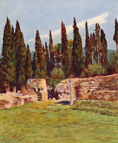 Roma: Villa Adriana, Columna del Teatro Griego (litografía en color) de Joseph Felix Bouchor