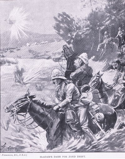 La carrera de McAdams hacia Zand Drift, de Después de Pretoria: La Guerra de Guerrillas publicado por Harmsworth Bros Limited, 1901 de Joseph Finnemore
