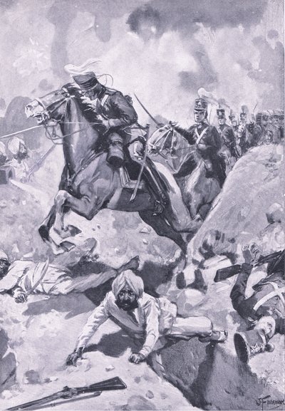 Sobraon: Sir Joseph Thackwell liderando a los Dragones Ligeros del 3º en fila india a través de algunas fortificaciones sijs, ilustración de British Battles on Land and Sea, 1915 de Joseph Finnemore