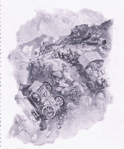 Los bóers destruyendo sus carros en Spitzkop, ilustración de Después de Pretoria: La Guerra de Guerrillas, 1902 de Joseph Finnemore
