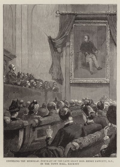 Revelación del retrato conmemorativo del difunto Honorable Henry Fawcett, MP, en el Ayuntamiento de Hackney de Joseph Finnemore