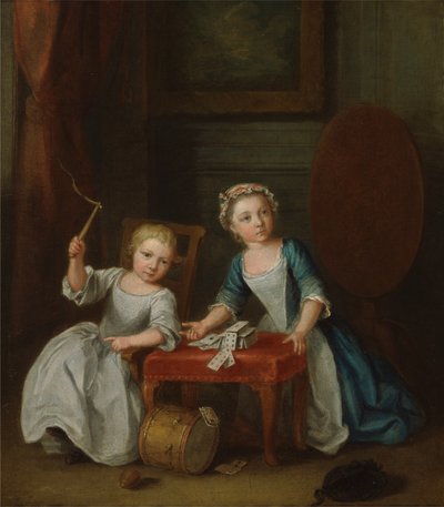 Dos niños de la familia Nollekens, probablemente Jacobus y Maria Sophia, jugando con un trompo y cartas, 1745 de Joseph Francis Nollekens