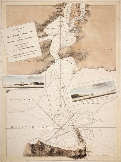 Una carta del puerto de Nueva York con las vistas de sondeos de las marcas de tierra y las direcciones náuticas para el uso de pilotaje. Compuesta a partir de estudios y observaciones de los tenientes de navío John Knight y John Hunter, entre otros. de Joseph Frederick Wallet DesBarres