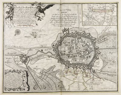 Contorno de la ciudad de Douay con el fuerte en el Escarpe, a unas 800 varas de ella, se encuentra en el condado de Flandes, a 7 millas de Rissel, 6 de Dornik y 6 de Camerich, tiene una bailía mediocre y está salpicada de muchas iglesias hermosas, cl de Joseph Friedrich Leopold