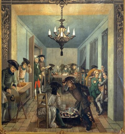 Taller de grabado. Cae la noche, el jefe y uno de sus hijos (?) comprueban el trabajo en los talleres, mientras dos obreros se calientan en un brasero. A la izquierda, un grabador afila sus herramientas en una rueda moldeada por un pedal. Otro prepara un g de Joseph Gabriel Rossetti