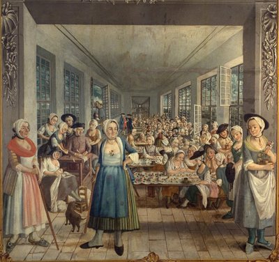 Taller de pincelado. El pincelado es la aplicación del azul añil sobre el lienzo. En el taller, dos capataces, bastón en mano, observan a una obrera que acaba de llenar su bote de azul. Al fondo, dos hombres charlan, al fondo Jean Rodolphe Wetter da la de Joseph Gabriel Rossetti