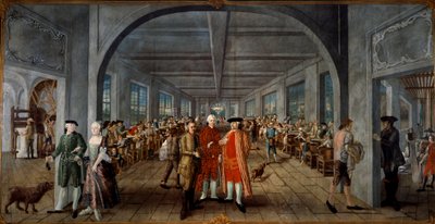 Fábrica de tejidos indios de los hermanos Wetter A la izquierda, el Sr. y la Sra. Jean Rodolphe (Jean-Rodolphe) Wetter ricamente vetus. En el centro, un obrero presenta una plancha de impresión al director de la fábrica, Pierre Pignet; detrás, los obreros  de Joseph Gabriel Rossetti