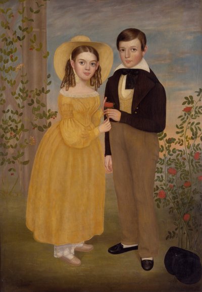 Un niño y una niña en un jardín (óleo sobre lienzo) de Joseph Goodhue Chandler