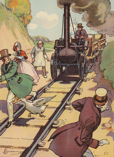 Una locomotora antigua (litografía en color) de Joseph Greenup