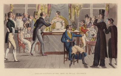Visitantes ingleses en el Café de Mille Colonnes (grabado coloreado) de Joseph Grego