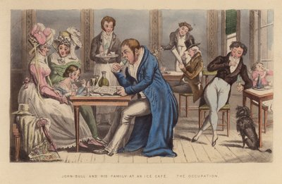 John Bull y su familia en un café helado (grabado coloreado) de Joseph Grego