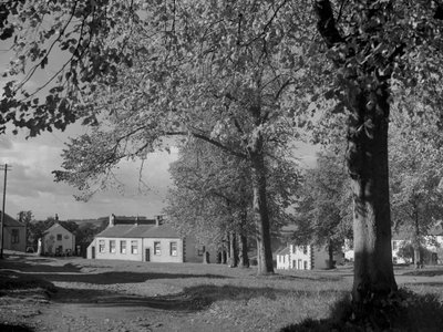 Árboles en hoja y vista de los edificios del pueblo de Joseph Hardman