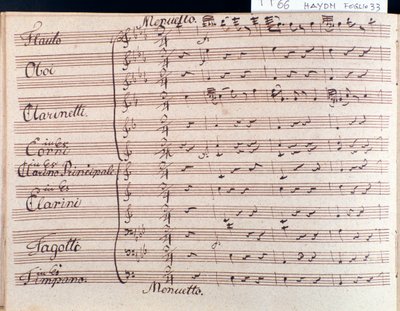 Primera página de la partitura del minueto en Sinfonía 66 en si bemol mayor de J Haydn de Joseph Haydn
