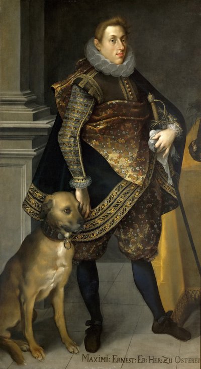 Archiduque Maximiliano Ernesto de Austria 1583-1616 con un perro de caza, 1604 de Joseph Heintz the Elder