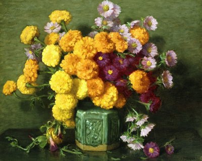 Caléndulas y ásteres en un jarrón chino de Joseph Henry Sharp