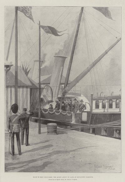 De vuelta a Erin una vez más, la reina a punto de desembarcar en el puerto de Kingstown de Joseph Holland Tringham