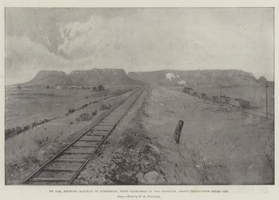 De Aar, mostrando el ferrocarril a Kimberley, con Tafelberg en la distancia, a unos treinta y cinco millas de distancia de Joseph Holland Tringham