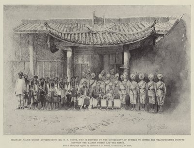 Escolta de la Policía Militar acompañando al Sr. H F Hertz, designado por el Gobierno de Birmania para resolver la Disputa Transfronteriza entre las Tribus Kachin y los Shans de Joseph Holland Tringham