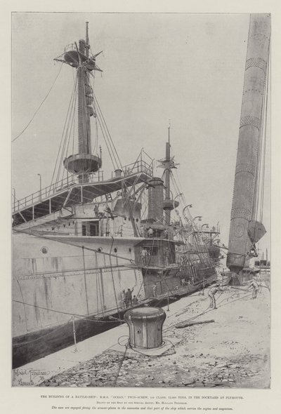 La construcción de un acorazado, HMS Ocean, Twin-Screw, 1ª clase, 12,950 toneladas, en el astillero de Plymouth de Joseph Holland Tringham