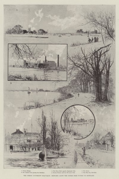 La próxima carrera de botes universitarios, bocetos a lo largo del curso desde Putney hasta Mortlake de Joseph Holland Tringham