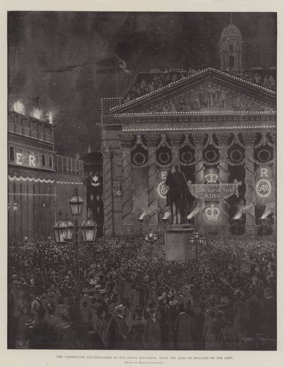 Las iluminaciones de la coronación en el Royal Exchange, con el Banco de Inglaterra a la izquierda de Joseph Holland Tringham