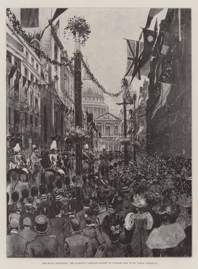 La procesión real, el carruaje de Su Majestad pasando por Ludgate Hill hacia la Catedral de San Pablo de Joseph Holland Tringham