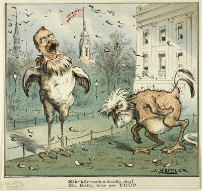 ¡Kik-kik-cock-a-doodle doo! Sr. Kelly, ¿cómo está, de Puck de Joseph Keppler