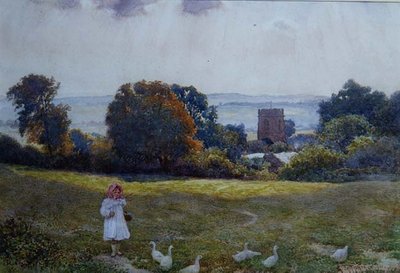 Una niña con patos en un prado de Joseph Kirkpatrick