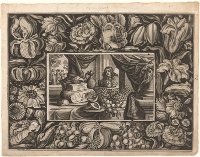 Bodegón de queso y frutas con borde ornamental de Joseph Kling