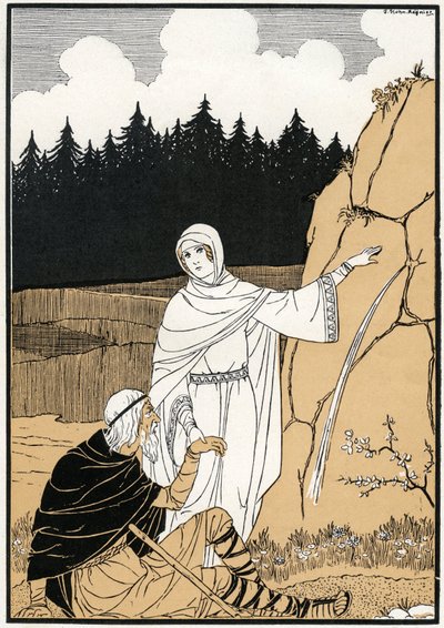 La legende de Sainte Odile (Odile de Hohenbourg, ca. 662- ca. 720) sacando un manantial de la roca - Ilustración de Joseph Kuhn Regnier (Kuhn-Regnier) (1873-1940) para "Legendes et contes d