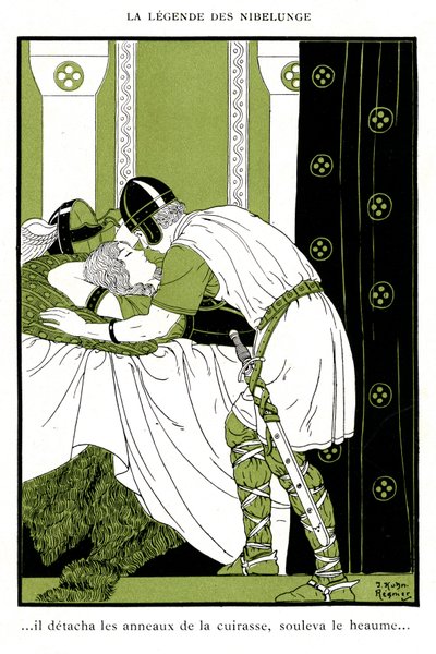 Leyenda de Nibelunga: Sigfrido abraza a la Walkyria Brunnhilde (cromolitografía) de Joseph Kuhn Regnier