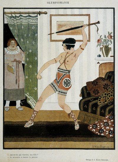 Joven en traje antiguo entrenando para lanzar jabalina con un paraguas. Cartel de fantasía que ilustra el entusiasmo de las Olimpiadas. Dibujo de J. Kuhn Regnier alrededor de 1920 de Joseph Kuhn Regnier