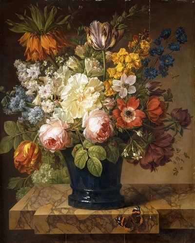Flores en un Jarrón sobre un Alféizar de Mármol con una Almirante Roja, un Abejorro, Dos Escarabajos y una Libélula, 1807 de Joseph Laurent Malaine