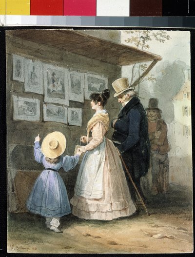 "At the seller of engravings" (Al vendedor de grabados) Acuarela de Hippolyte Bellange (1800-1866) 1831 Museo del Hermitage, San Petersburgo (San Petersburgo) de Joseph Louis Hippolyte Bellange