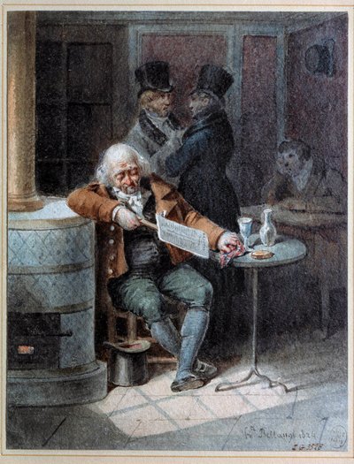 Lectura de la Gaceta: anciano dormido en un café leyendo el periódico 