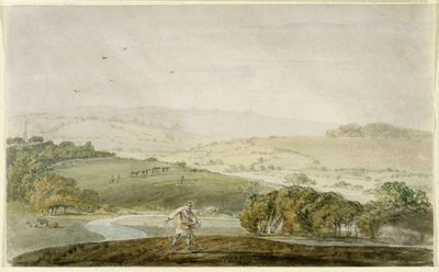 Un agricultor sembrando, con un valle fluvial y colinas onduladas al fondo, c.1795 de Joseph Mallord William Turner