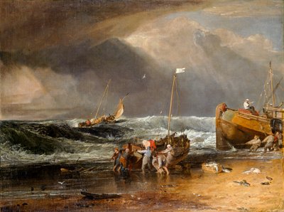 Escena costera de pescadores arrastrando una barca hasta la orilla, o The Iveagh Seapiece (óleo sobre lienzo) de Joseph Mallord William Turner