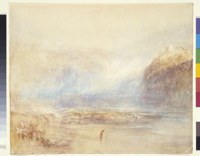 Cataratas del Rin en Schaffhausen - Vista lejana (acuarela, pluma y tinta roja sobre aguada gris sobre papel blanco) de Joseph Mallord William Turner