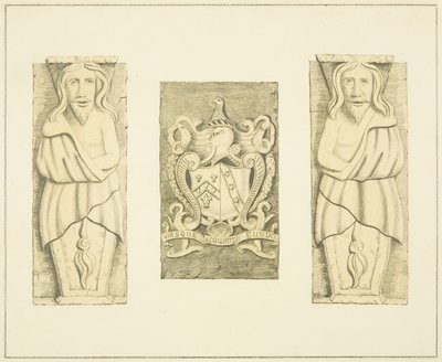 2 figuras y escudo de armas de la puerta en Black Castle, Brislington de Joseph Manning