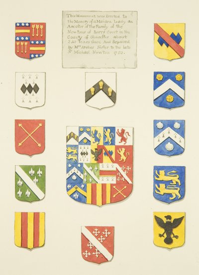 Escudos en el monumento de la Srta. Newton en la Iglesia de San Pedro de Joseph Manning