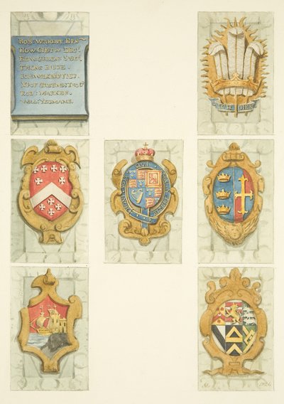 Escudos de armas en el púlpito de piedra de la Catedral de Bristol de Joseph Manning