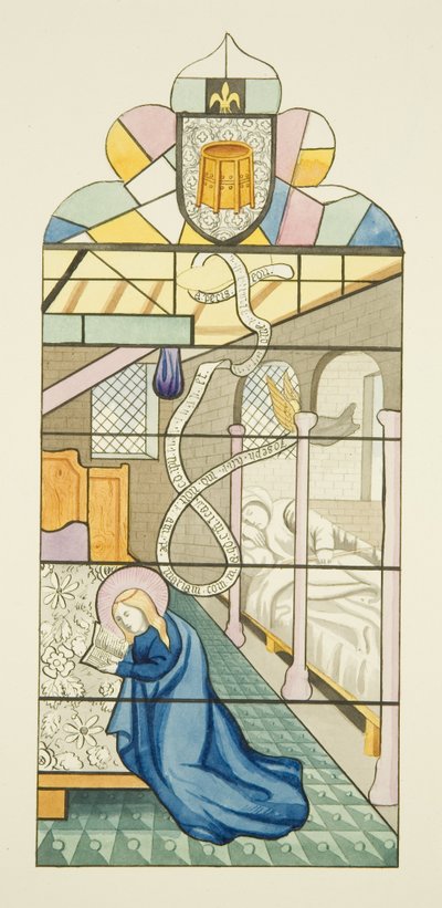 Detalles de vitrales de San Marcos, formando una escena de la vida de la Virgen de Joseph Manning