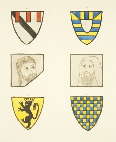 Cuatro escudos de armas y dos cabezas en vitrales al norte y sur del coro en la Catedral de Bristol de Joseph Manning